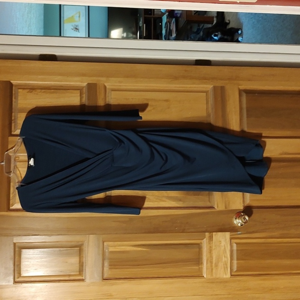 Cameo Style #S2495  Navy Blue Pullover Faux Wrap V-Neck Sheath Dress NWT Size L